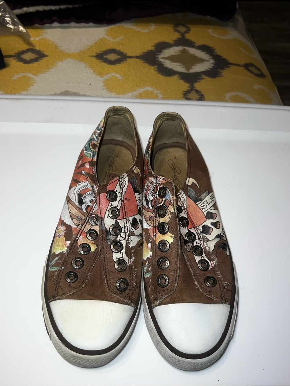 Ed Hardy Brown Floral & Skull Slip-On Sneakers
